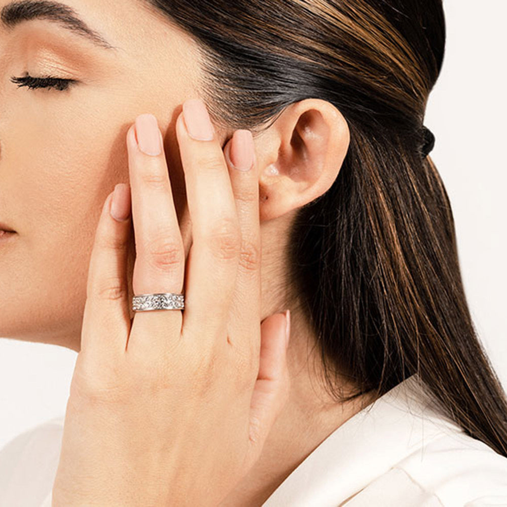 Model Wearing Double Row Channel Set Diamond Eternity Ring view
