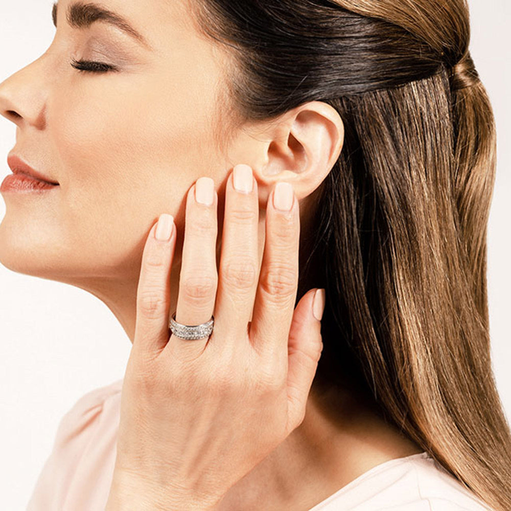 Model Wearing Triple Row Princess and Round Diamond Eternity Ring view