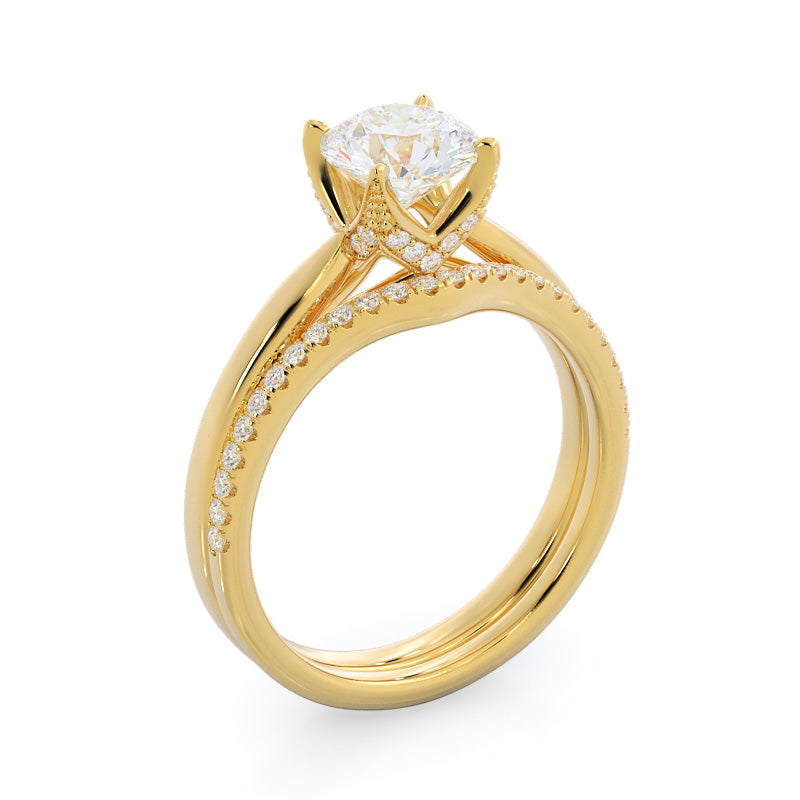 Regal Diamond Trellis Wedding Band with 18KT Yellow Gold Cut Diamond in 14KT Yellow Gold view 3
