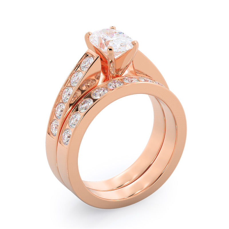 Channel Set Cathedral Diamond Wedding Band with 18KT Rose Gold Cut Diamond in 14KT Rose Gold view 3
