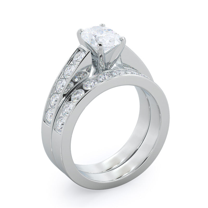 Channel Set Cathedral Diamond Wedding Band with Platinum Cut Diamond in 14KT Platinum view 3
