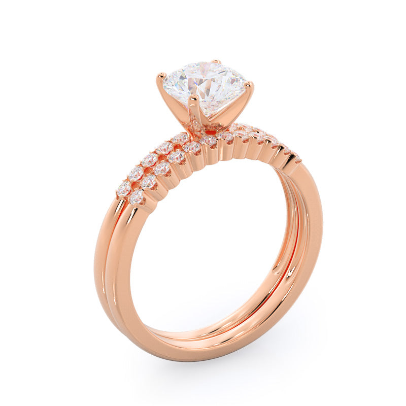 Ridged Pave Diamond Wedding Band with 18KT Rose Gold Cut Diamond in 14KT Rose Gold view 3
