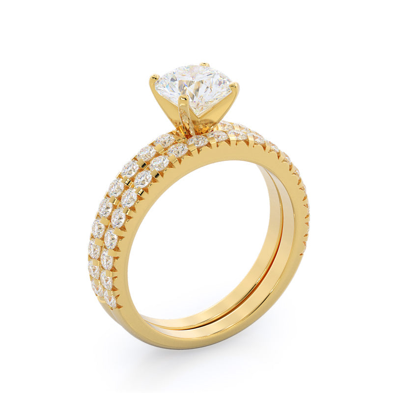 French Set Diamond Wedding Band with 18KT Yellow Gold Cut Diamond in 14KT Yellow Gold view 3
