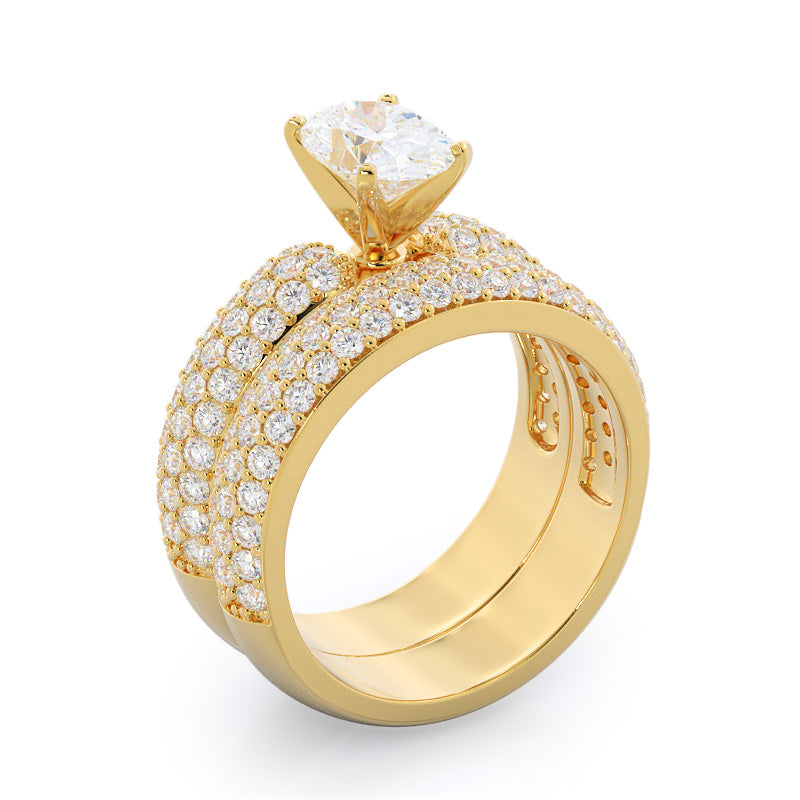 Three Row Diamond Wedding Band with 18KT Yellow Gold Cut Diamond in 14KT Yellow Gold view 3

