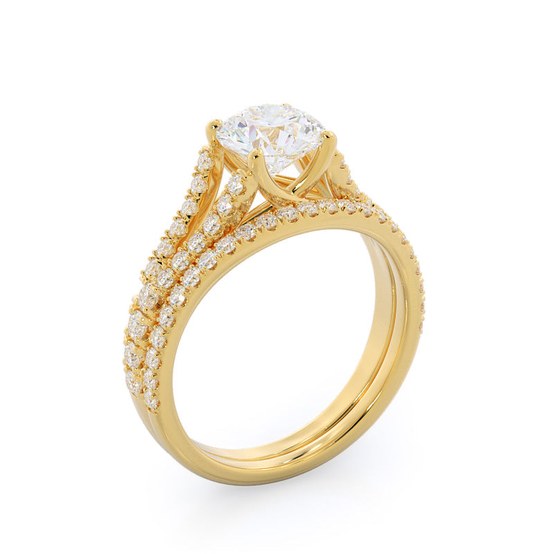 Curved Split Shank Trellis Diamond Wedding Band with 18KT Yellow Gold Cut Diamond in 14KT Yellow Gold view 3
