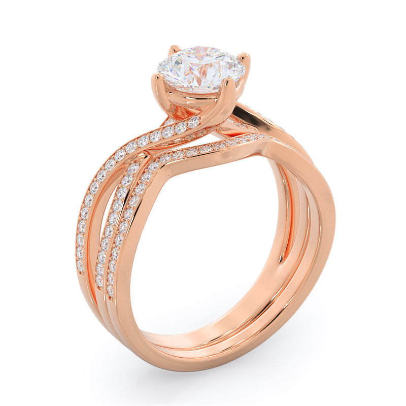 Twisting East West Diamond Wedding Band with 18KT Rose Gold Cut Diamond in 14KT Rose Gold view 3
