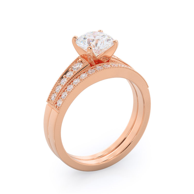 Milgrain Diamond Wedding Band with 18KT Rose Gold Cut Diamond in 14KT Rose Gold view 3
