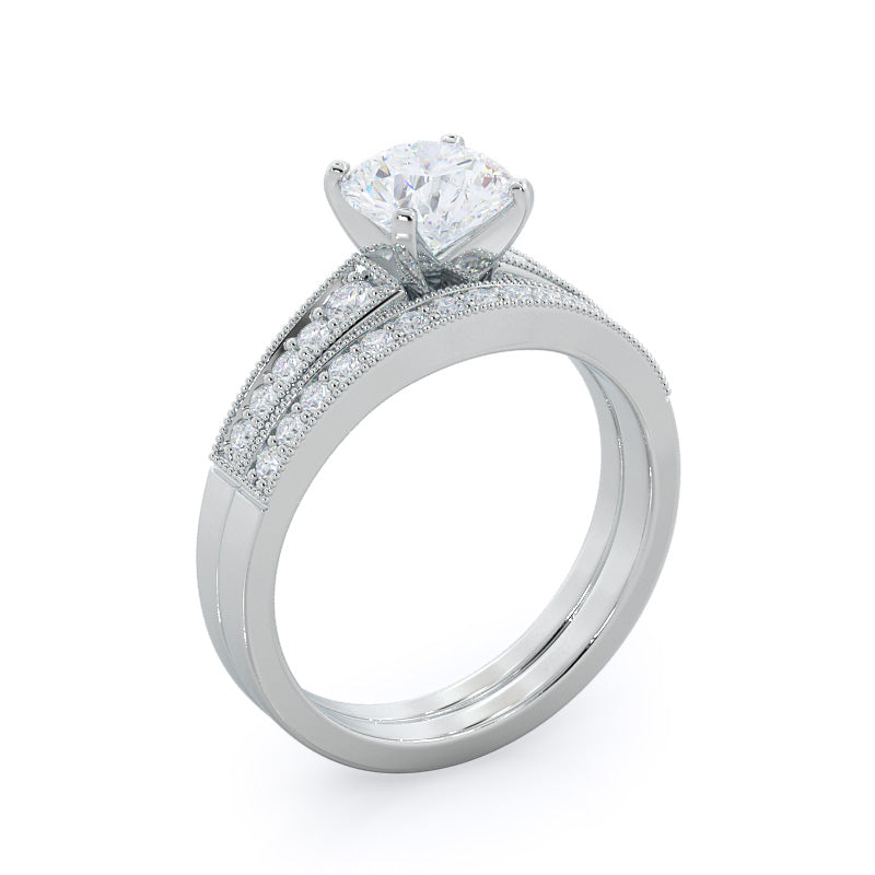 Milgrain Diamond Wedding Band with Platinum Cut Diamond in 14KT Platinum view 3
