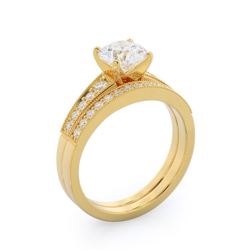 Milgrain Diamond Wedding Band with 18KT Yellow Gold Cut Diamond in 14KT Yellow Gold view 3
