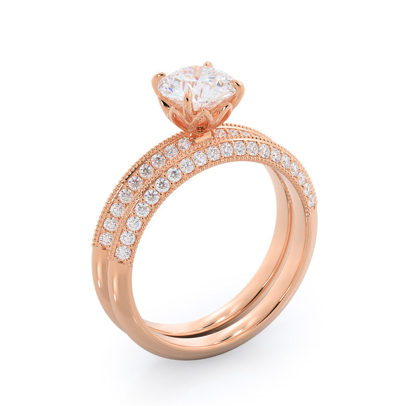 Knife Edge Milgrain Diamond Wedding Band with 18KT Rose Gold Cut Diamond in 14KT Rose Gold view 3
