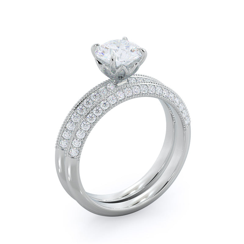 Knife Edge Milgrain Diamond Wedding Band with Platinum Cut Diamond in 14KT Platinum view 3
