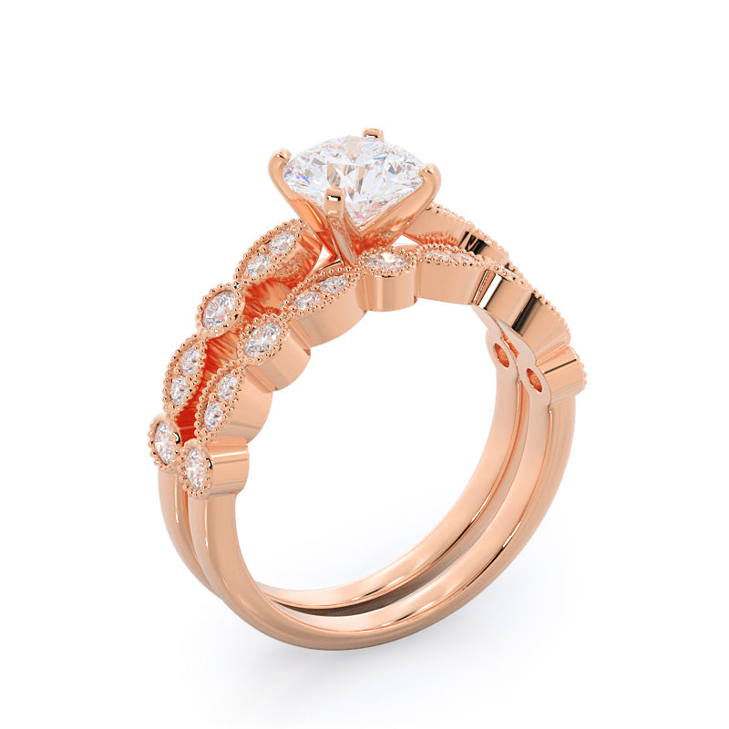 Vintage Milgrain Diamond Wedding Band with 18KT Rose Gold Cut Diamond in 14KT Rose Gold view 3
