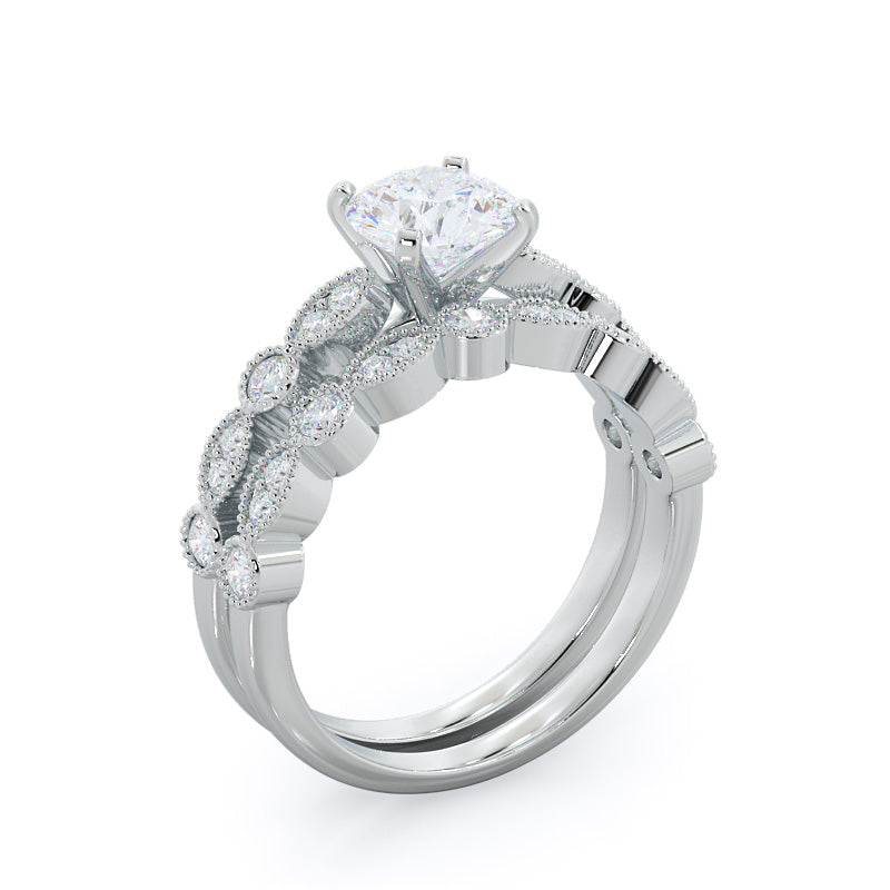Vintage Milgrain Diamond Wedding Band with Platinum Cut Diamond in 14KT Platinum view 3
