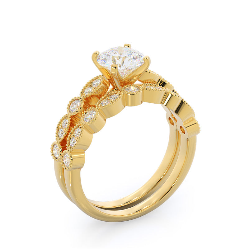 Vintage Milgrain Diamond Wedding Band with 18KT Yellow Gold Cut Diamond in 14KT Yellow Gold view 3
