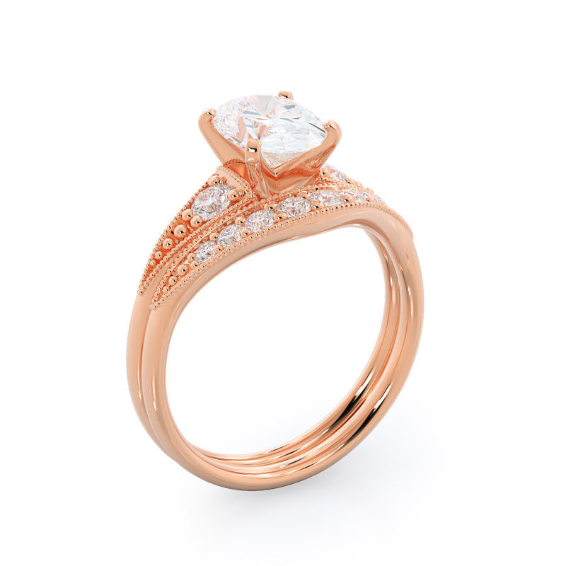 Heirloom Milgrain Diamond Wedding Band with 18KT Rose Gold Cut Diamond in 14KT Rose Gold view 3
