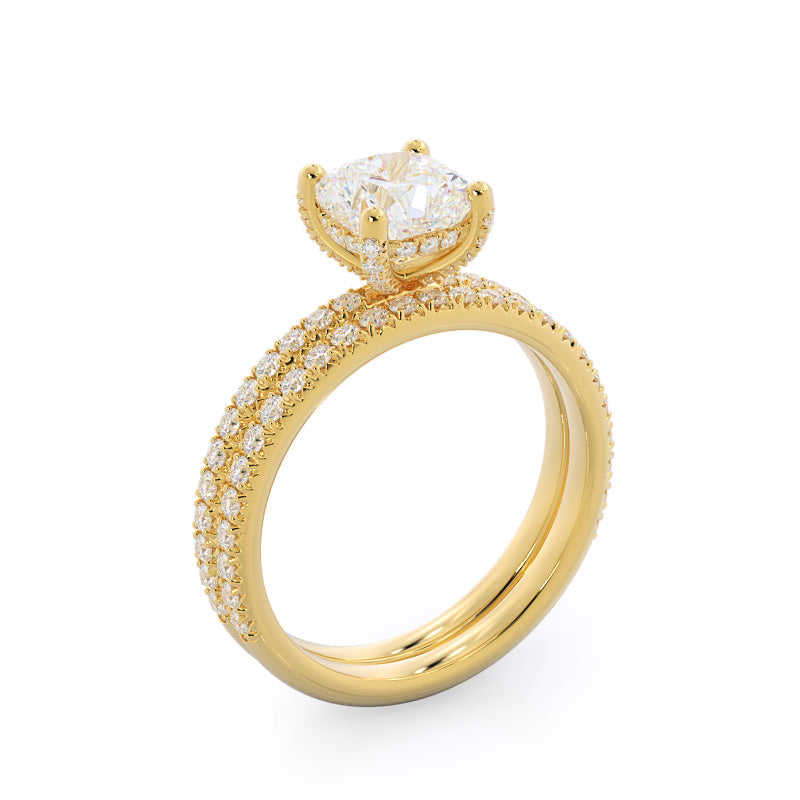 French Set Diamond Basket Wedding Band with 18KT Yellow Gold Cut Diamond in 14KT Yellow Gold view 3

