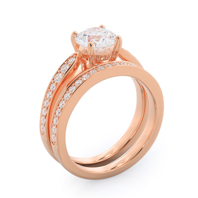 Charm Tapering Diamond Wedding Band with 18KT Rose Gold Cut Diamond in 14KT Rose Gold view 3
