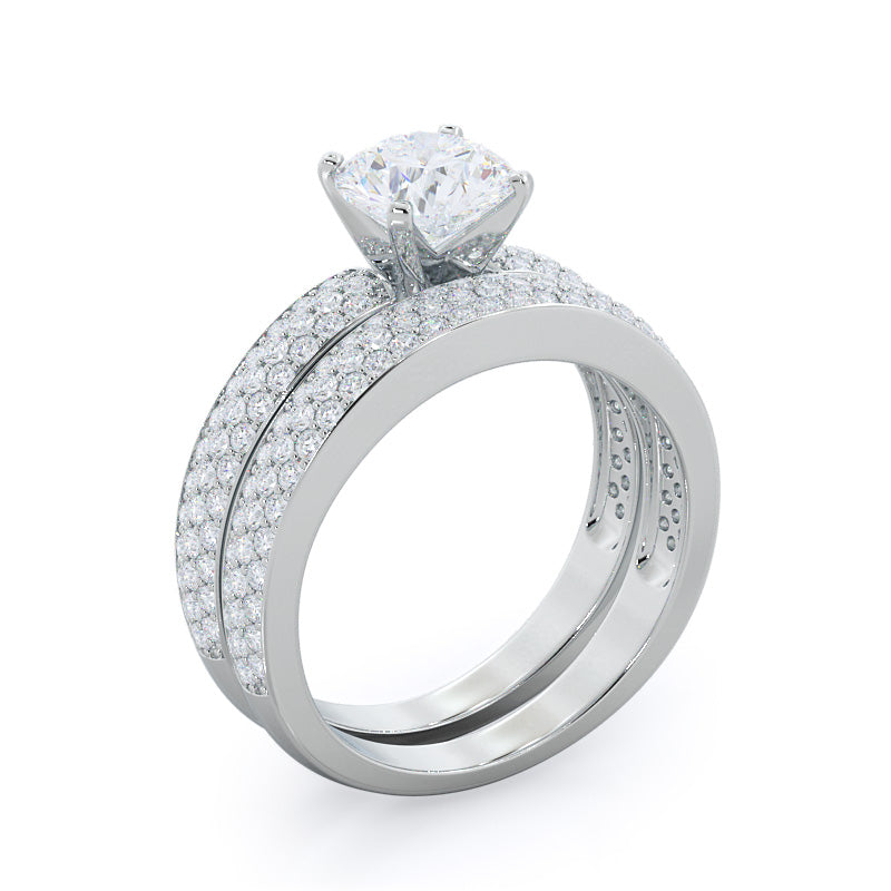 Three Row Micropave Diamond Wedding Band with Platinum Cut Diamond in 14KT Platinum view 3
