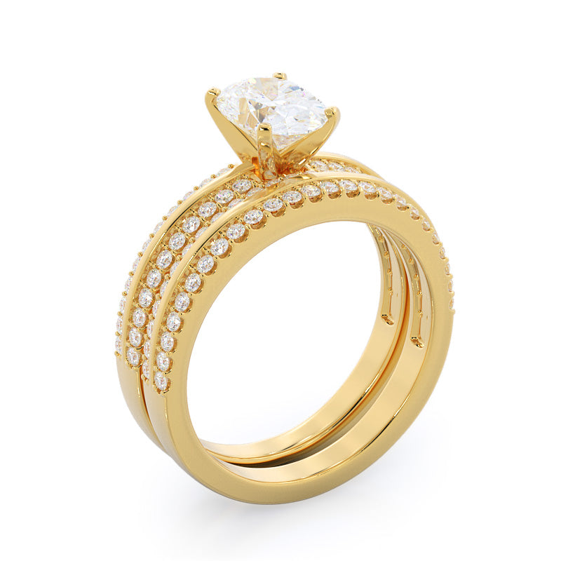 Pave Edged Diamond Engagement Wedding Band with 18KT Yellow Gold Cut Diamond in 14KT Yellow Gold view 3
