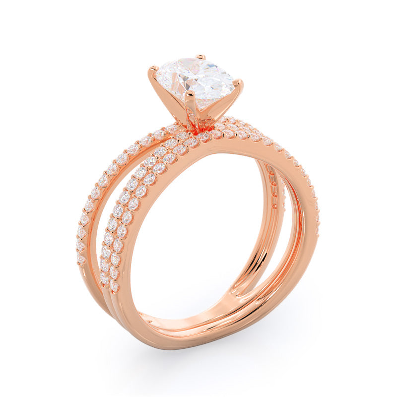 Curved Split Shank Pave Diamond Wedding Band with 18KT Rose Gold Cut Diamond in 14KT Rose Gold view 3

