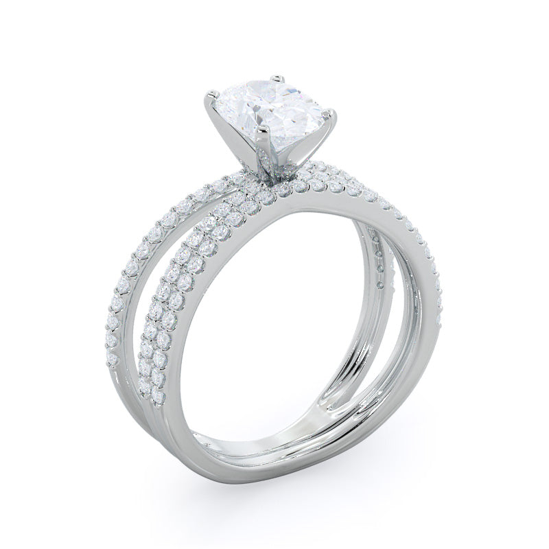 Curved Split Shank Pave Diamond Wedding Band with Platinum Cut Diamond in 14KT Platinum view 3
