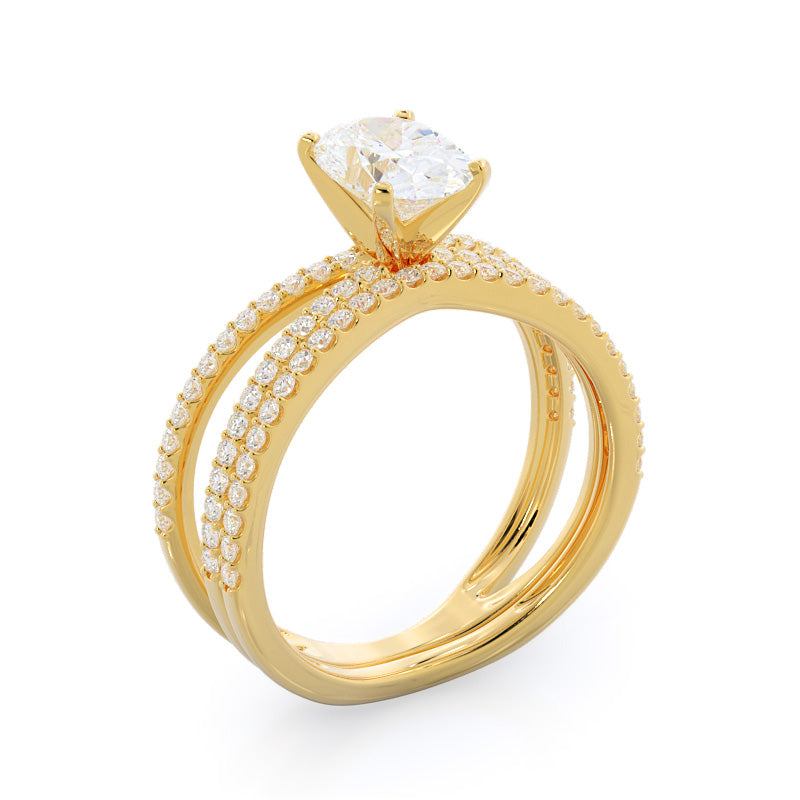 Curved Split Shank Pave Diamond Wedding Band with 18KT Yellow Gold Cut Diamond in 14KT Yellow Gold view 3

