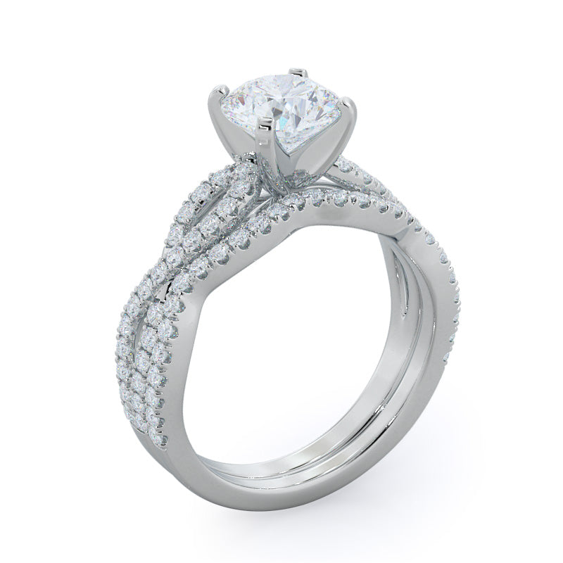 Braided Cathedral Diamond Wedding Band with Platinum Cut Diamond in 14KT Platinum view 3
