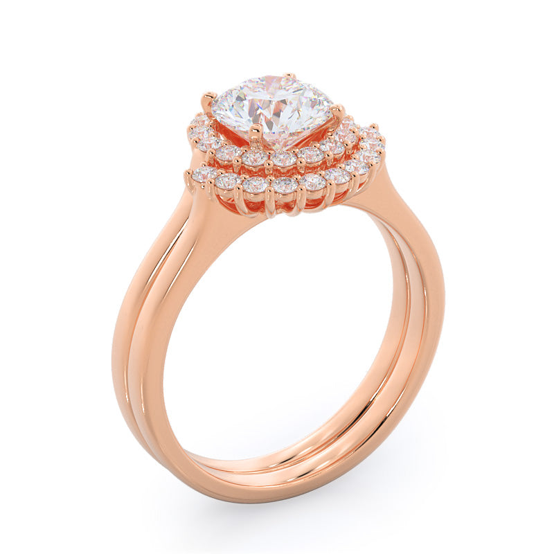 Plain Shank Halo Diamond Wedding Band with 18KT Rose Gold Cut Diamond in 14KT Rose Gold view 3

