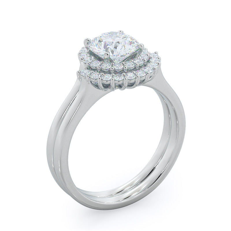 Plain Shank Halo Diamond Wedding Band with Platinum Cut Diamond in 14KT Platinum view 3
