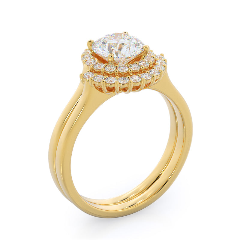 Plain Shank Halo Diamond Wedding Band with 18KT Yellow Gold Cut Diamond in 14KT Yellow Gold view 3
