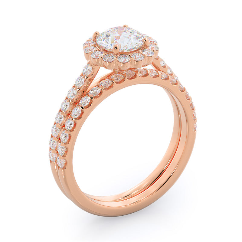 Floating Halo Pave Diamond Wedding Band with 18KT Rose Gold Cut Diamond in 14KT Rose Gold view 3
