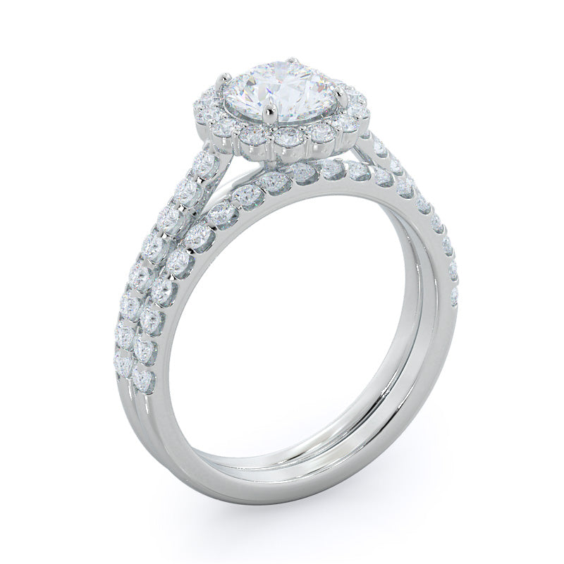 Floating Halo Pave Diamond Wedding Band with Platinum Cut Diamond in 14KT Platinum view 3
