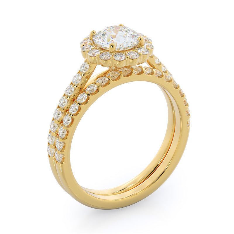 Floating Halo Pave Diamond Wedding Band with 18KT Yellow Gold Cut Diamond in 14KT Yellow Gold view 3
