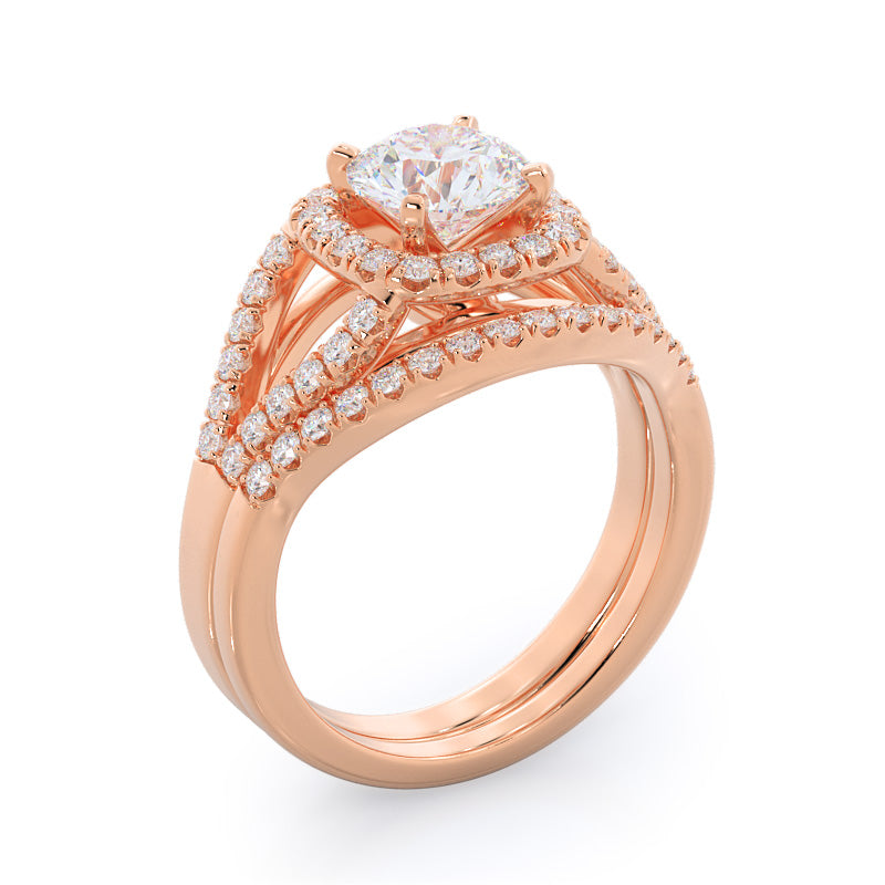 Split Shank Squarish Halo Diamond Wedding Band with 18KT Rose Gold Cut Diamond in 14KT Rose Gold view 3
