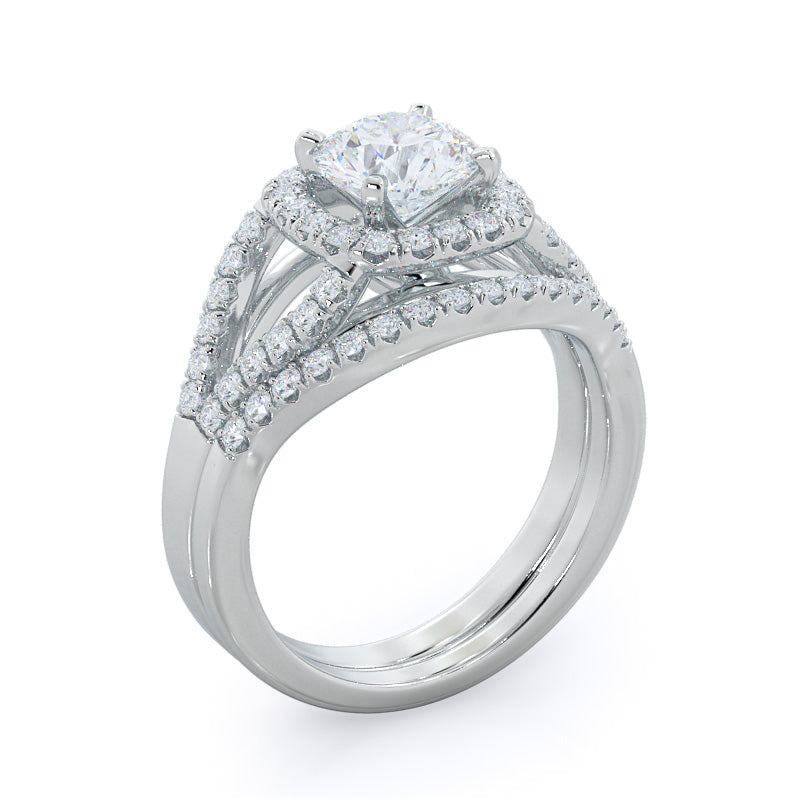 Split Shank Squarish Halo Diamond Wedding Band with Platinum Cut Diamond in 14KT Platinum view 3
