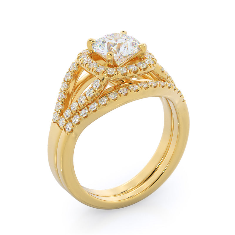 Split Shank Squarish Halo Diamond Wedding Band with 18KT Yellow Gold Cut Diamond in 14KT Yellow Gold view 3
