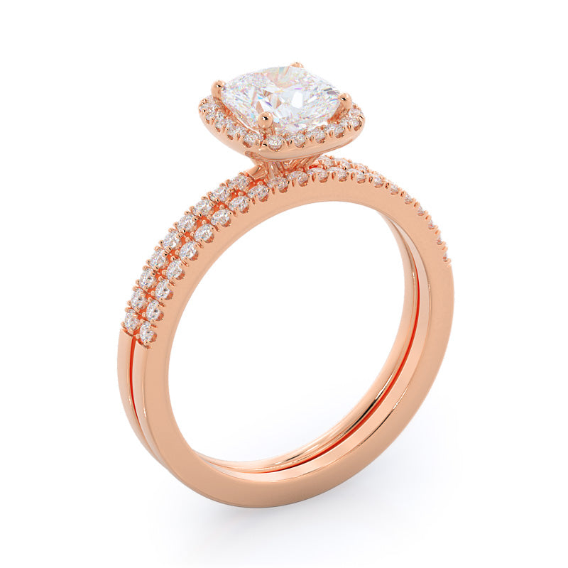 Pave Halo Diamond Wedding Band with 18KT Rose Gold Cut Diamond in 14KT Rose Gold view 3
