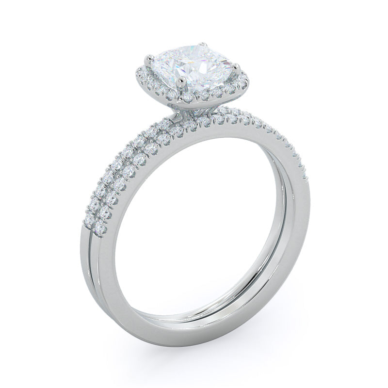 Pave Halo Diamond Wedding Band with Platinum Cut Diamond in 14KT Platinum view 3

