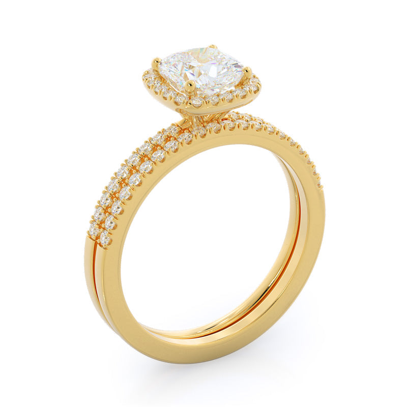 Pave Halo Diamond Wedding Band with 18KT Yellow Gold Cut Diamond in 14KT Yellow Gold view 3
