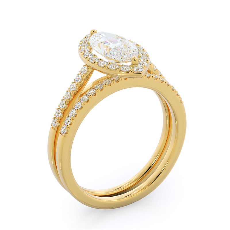 Marquise Pave Halo Diamond Wedding Band with 18KT Yellow Gold Cut Diamond in 14KT Yellow Gold view 3

