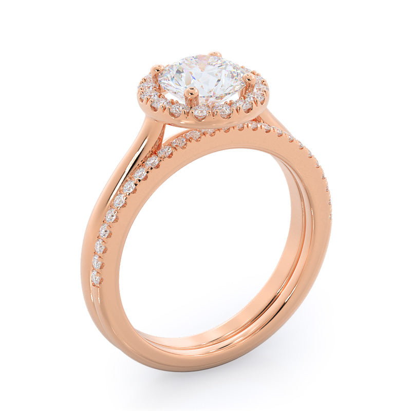 Pave Plain Shank Halo Diamond Wedding Band with 18KT Rose Gold Cut Diamond in 14KT Rose Gold view 3

