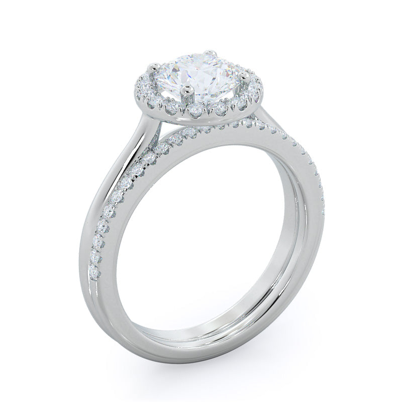 Pave Plain Shank Halo Diamond Wedding Band with Platinum Cut Diamond in 14KT Platinum view 3
