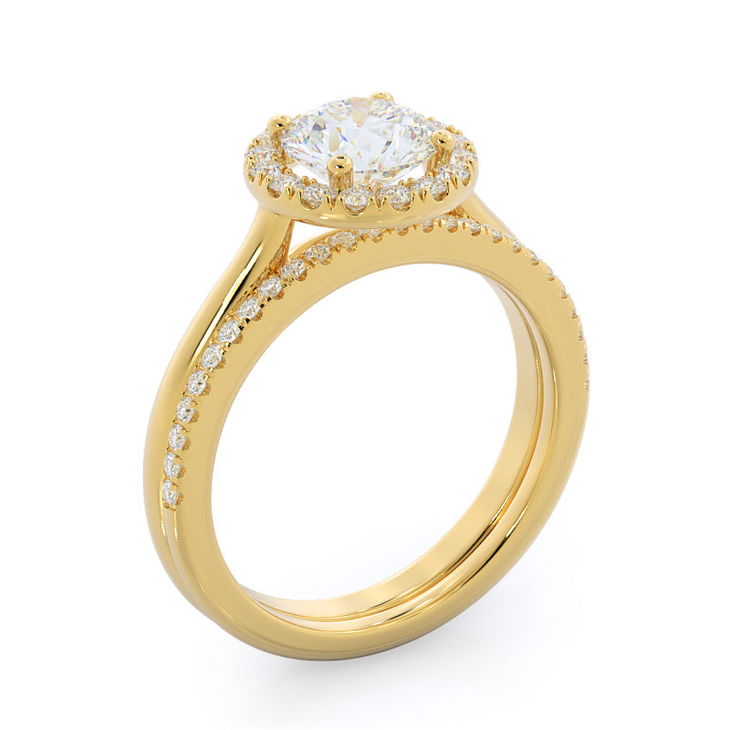 Pave Plain Shank Halo Diamond Wedding Band with 18KT Yellow Gold Cut Diamond in 14KT Yellow Gold view 3
