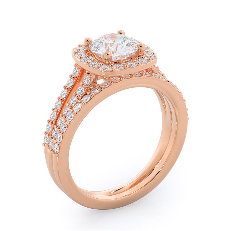 Split Shank Rounded Halo Diamond Wedding Band with 18KT Rose Gold Cut Diamond in 14KT Rose Gold view 3
