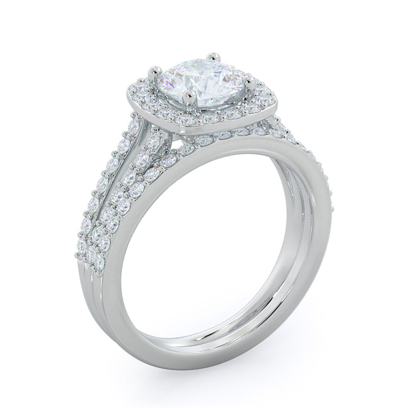 Split Shank Rounded Halo Diamond Wedding Band with Platinum Cut Diamond in 14KT Platinum view 3
