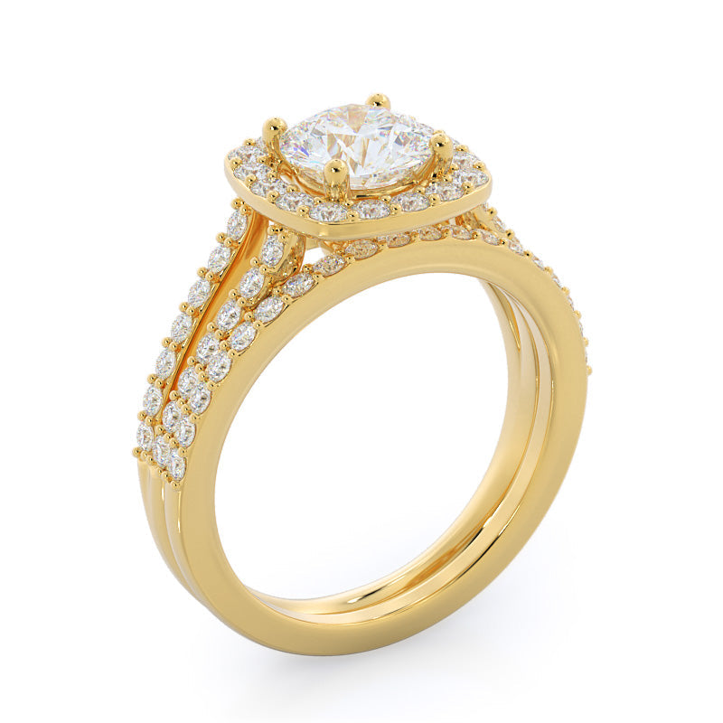 Split Shank Rounded Halo Diamond Wedding Band with 18KT Yellow Gold Cut Diamond in 14KT Yellow Gold view 3
