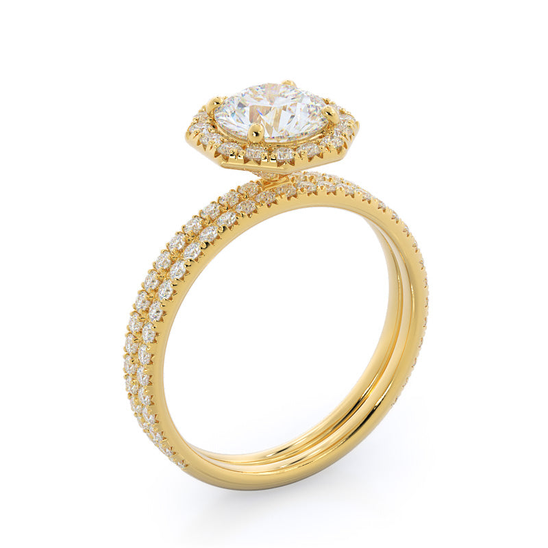 Octagon Halo Diamond Wedding Band with 18KT Yellow Gold Cut Diamond in 14KT Yellow Gold view 3
