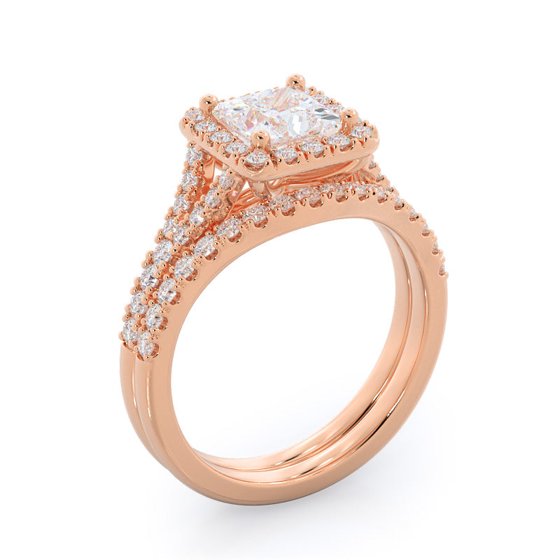 Split Shank Halo Diamond Wedding Band with 18KT Rose Gold Cut Diamond in 14KT Rose Gold view 3
