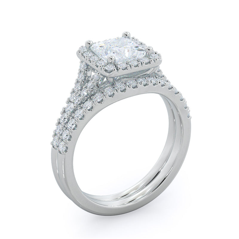Split Shank Halo Diamond Wedding Band with Platinum Cut Diamond in 14KT Platinum view 3
