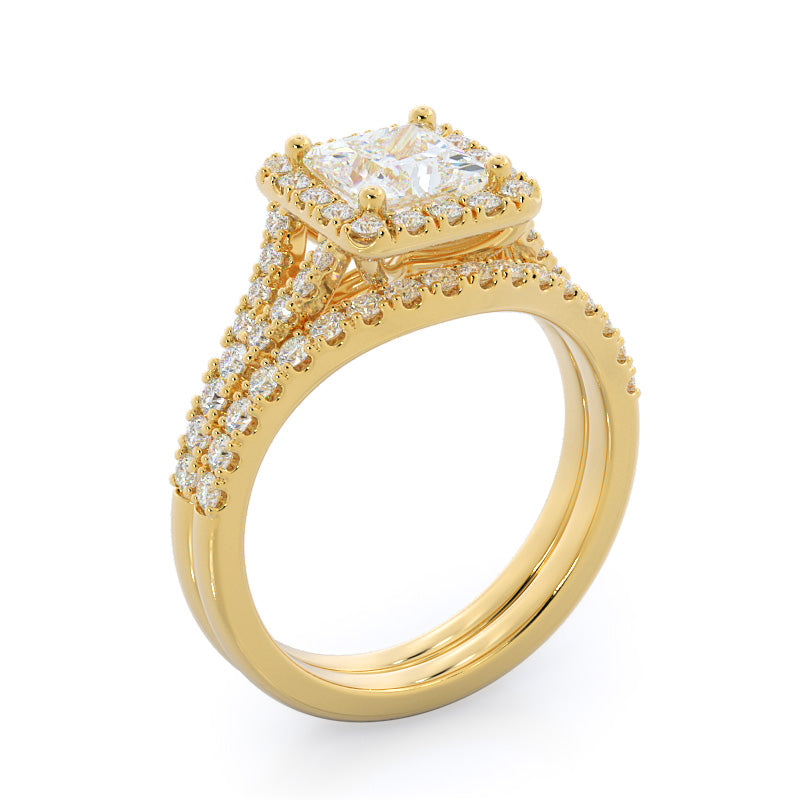 Split Shank Halo Diamond Wedding Band with 18KT Yellow Gold Cut Diamond in 14KT Yellow Gold view 3
